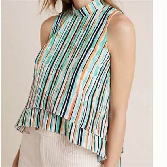 Anthropologie Hutch Lindsey Blue Motif Sleeveless High Neck Striped Top Size L - Picture 1 of 9
